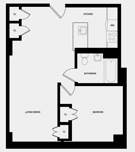 Floor plan for 2 beds, 1 bath, 596 sqft
